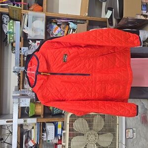 Red LL Bean quarter zip jacket with hood